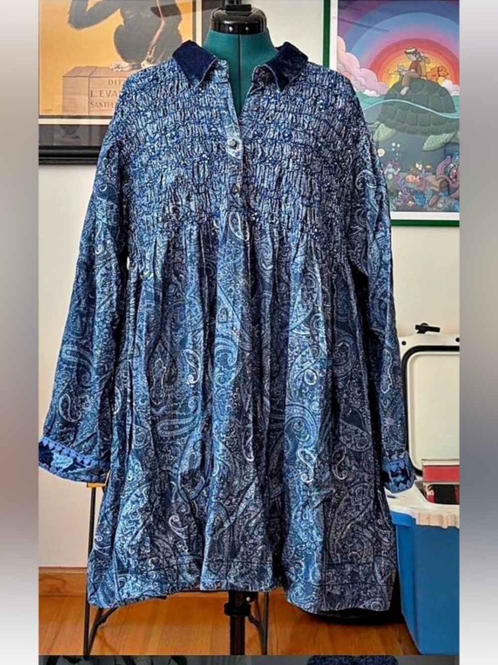 Free People Lucille Corduroy Mini Dress Smocked Corduroy in Blue Like New SZ M